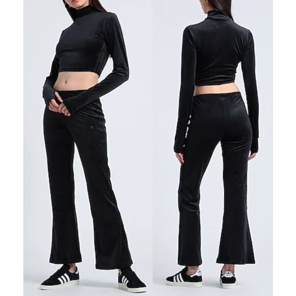 NWT Adidas Originals Crushed Velvet Crop Top & Flared Pants Active Set Black S - Picture 1 of 6